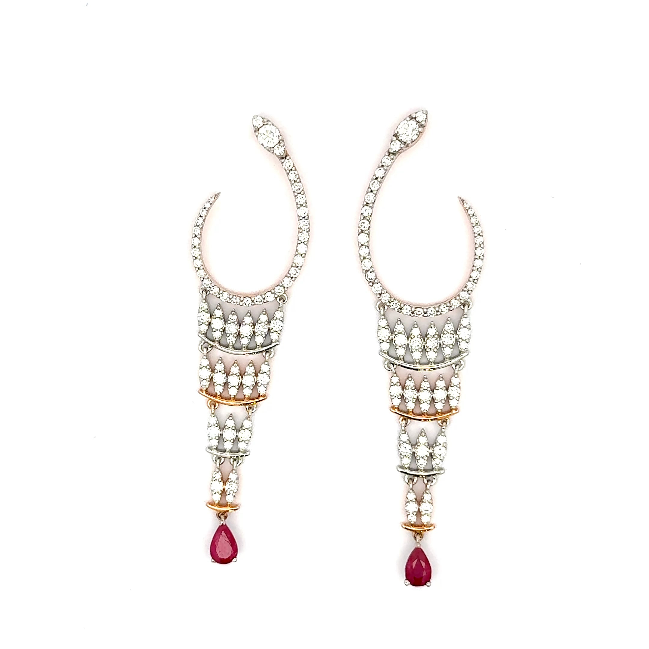 Rose Gold Dangle Earrings with Pear Shaped Ruby Cabochons