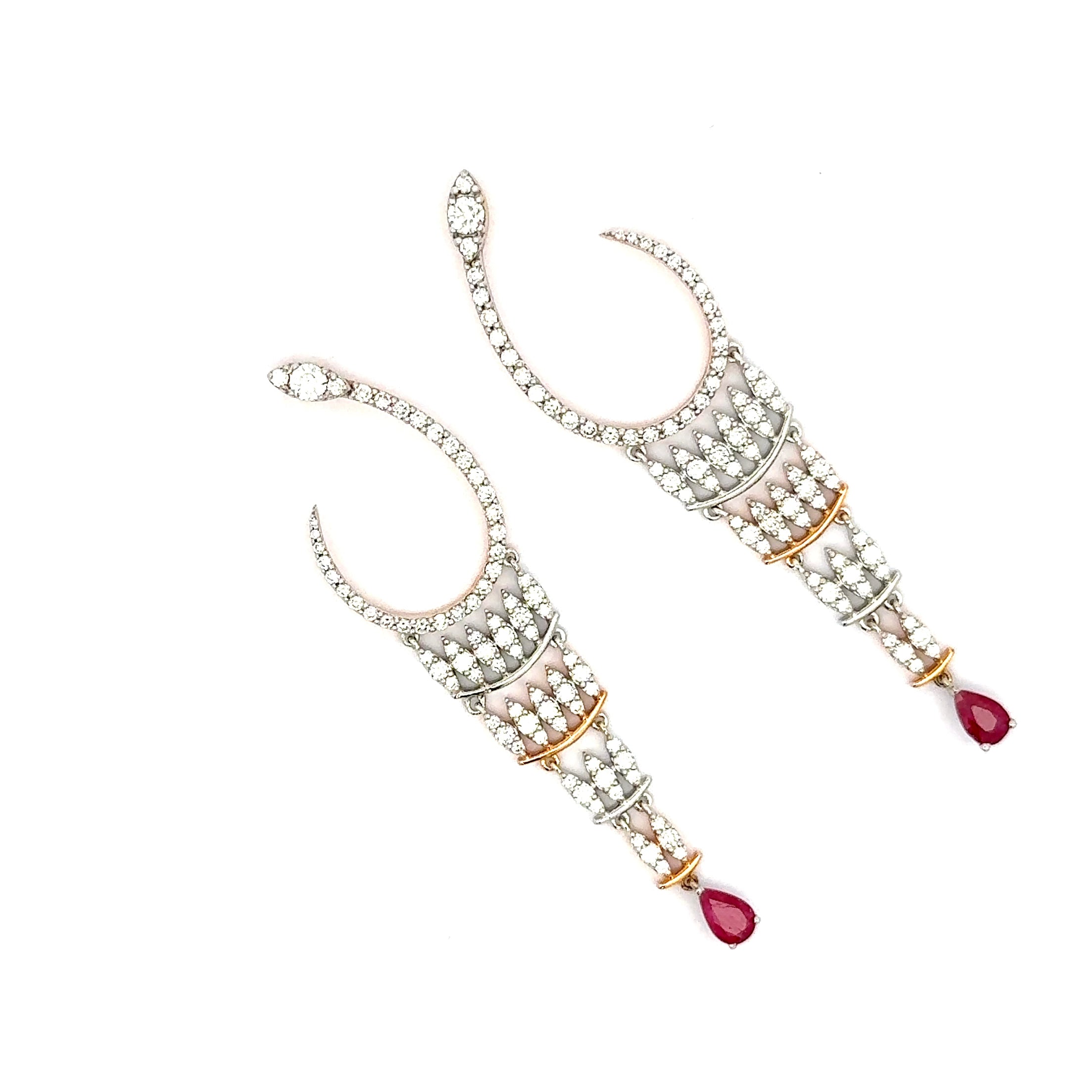 Rose Gold Dangle Earrings with Pear Shaped Ruby Cabochons