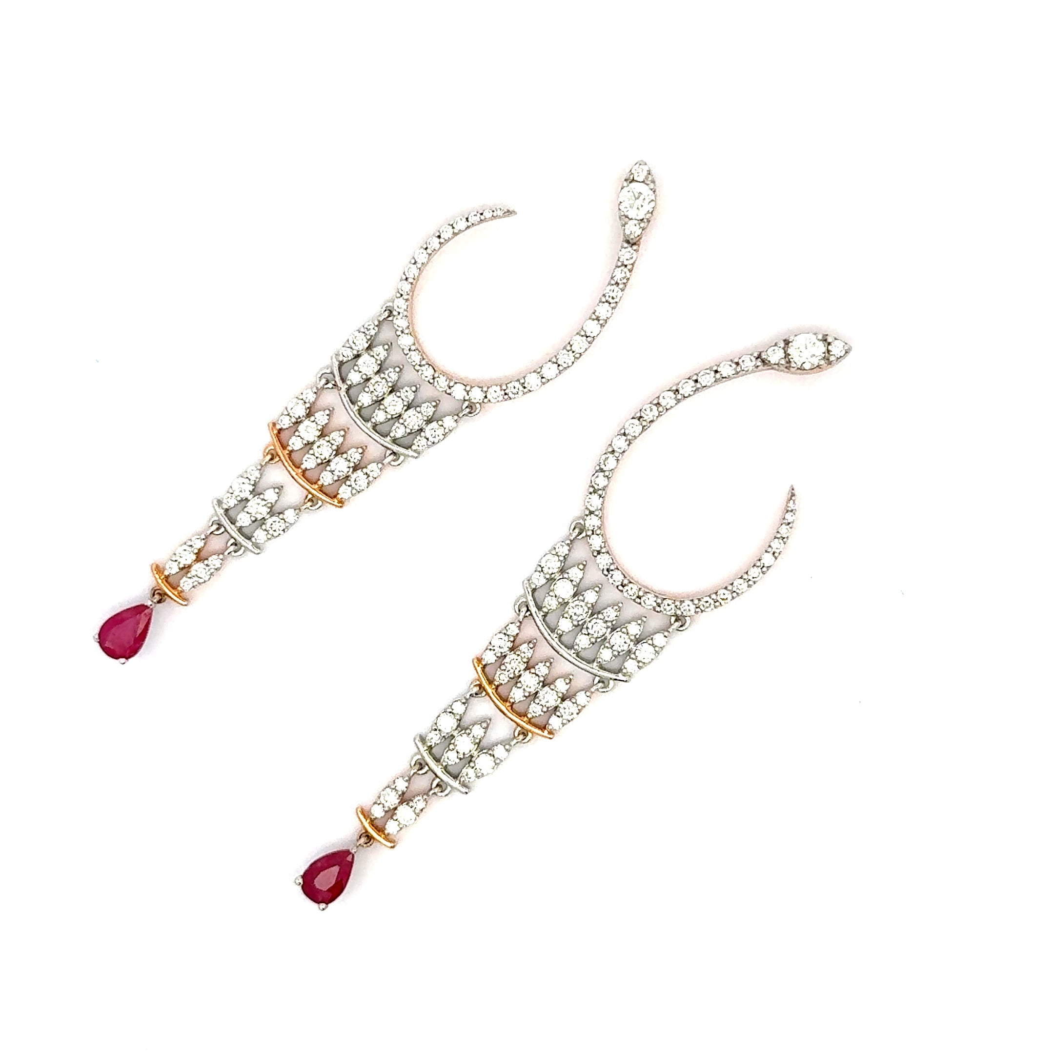 Rose Gold Dangle Earrings with Pear Shaped Ruby Cabochons