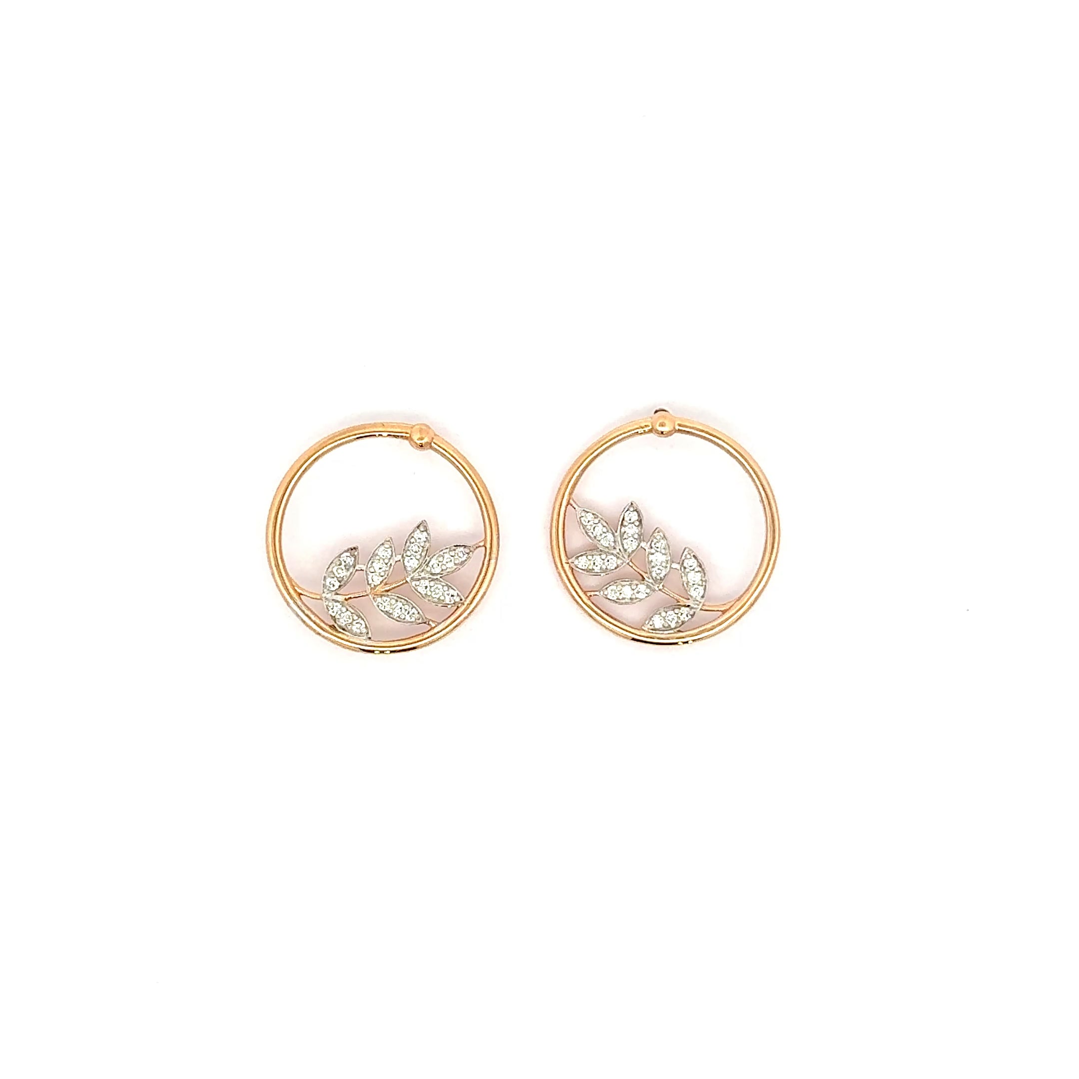 Rose Gold Hoop Earrings with Diamond Leaf Design