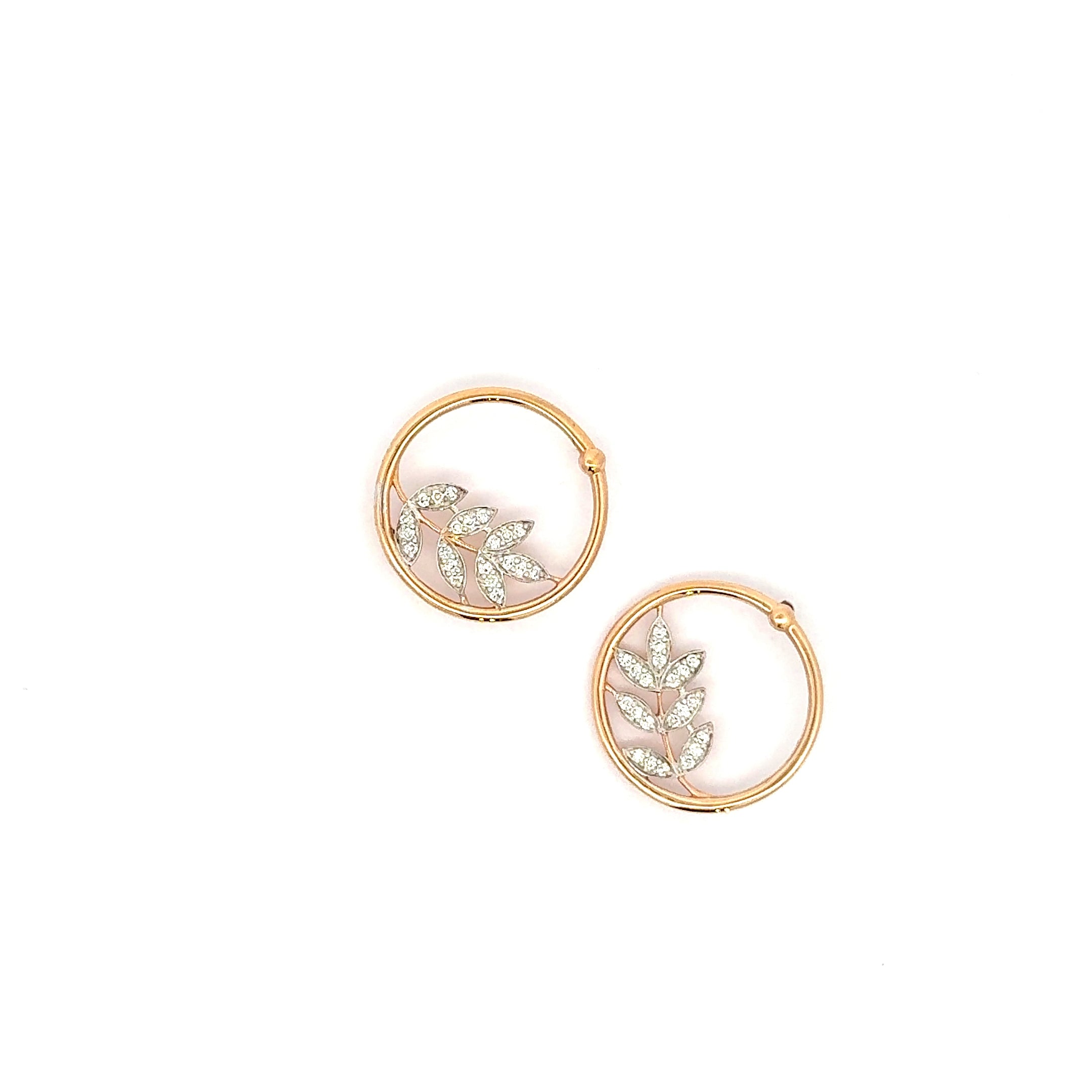 Rose Gold Hoop Earrings with Diamond Leaf Design