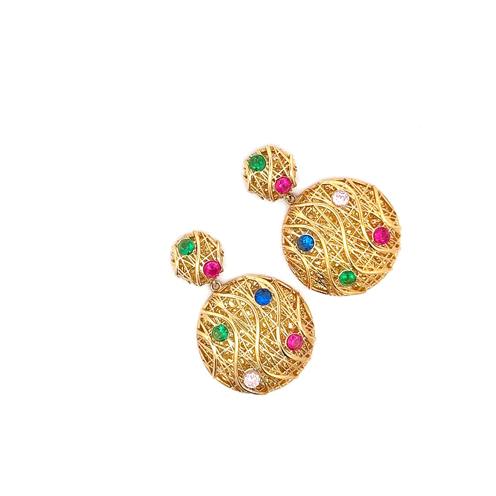 Dazzling Yellow Gold Filigree Dangle Earrings with Gemstone Accents