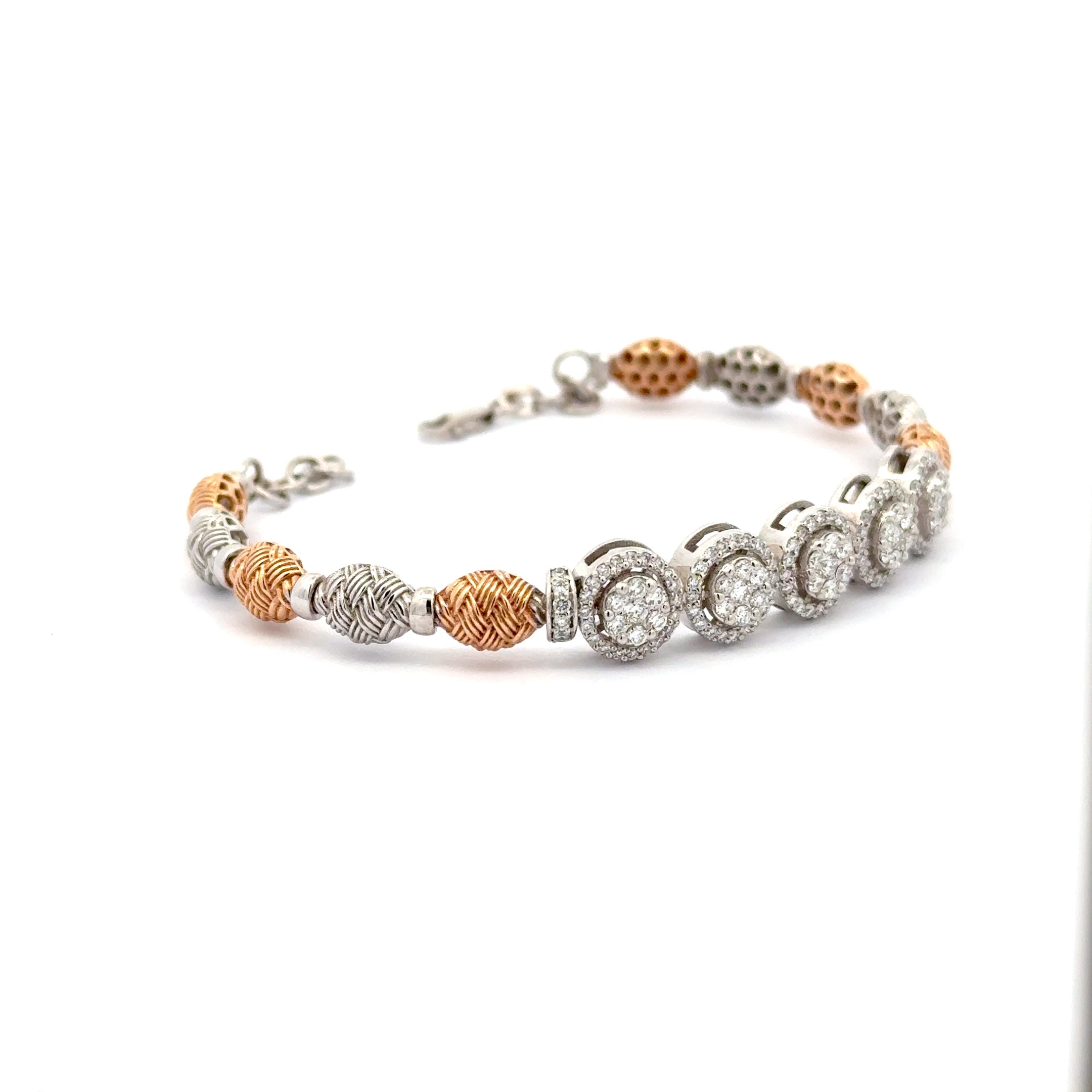 Two Tone Chain Bracelet with Round Brilliant Cut Diamonds in Silver and Rose Gold