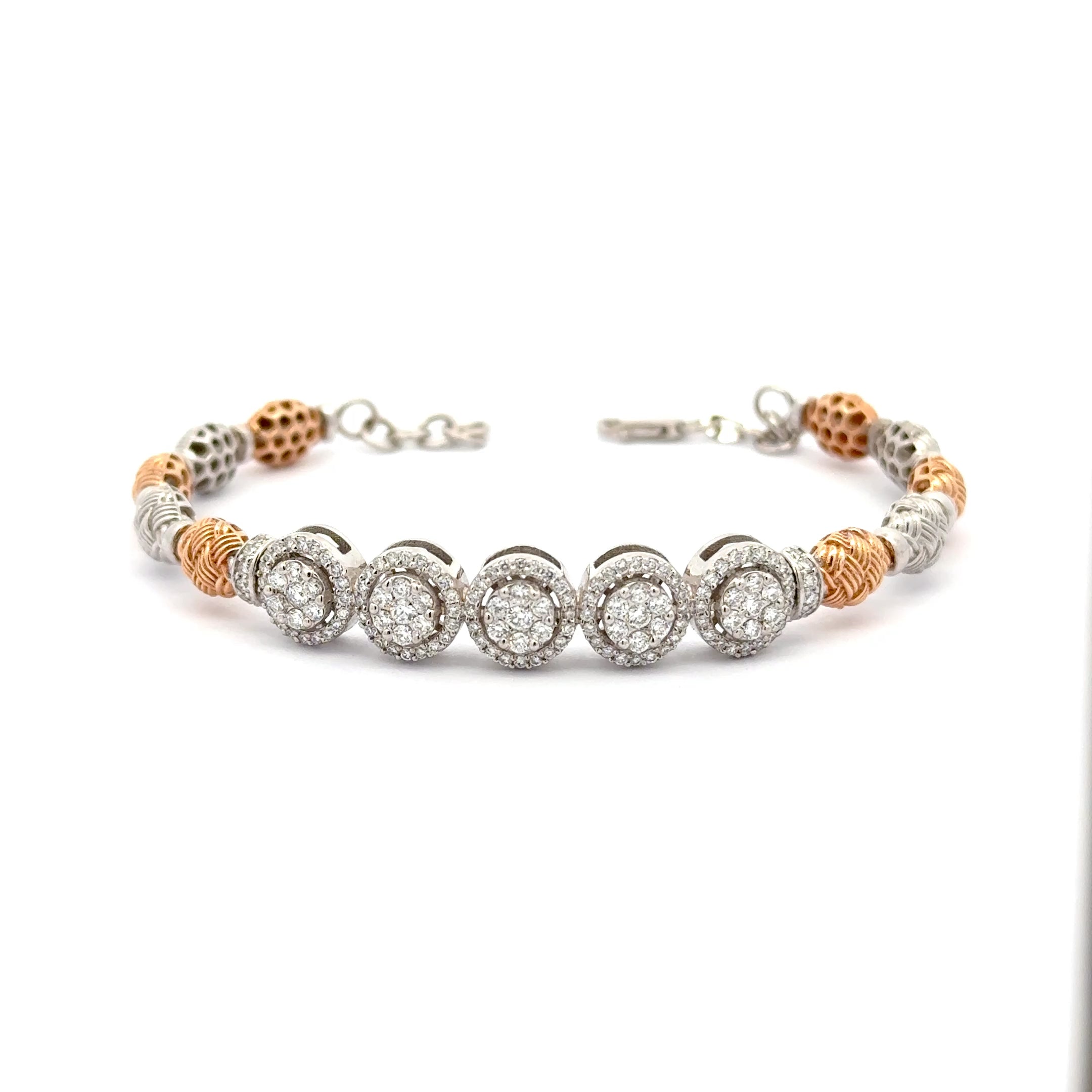 Two Tone Chain Bracelet with Round Brilliant Cut Diamonds in Silver and Rose Gold