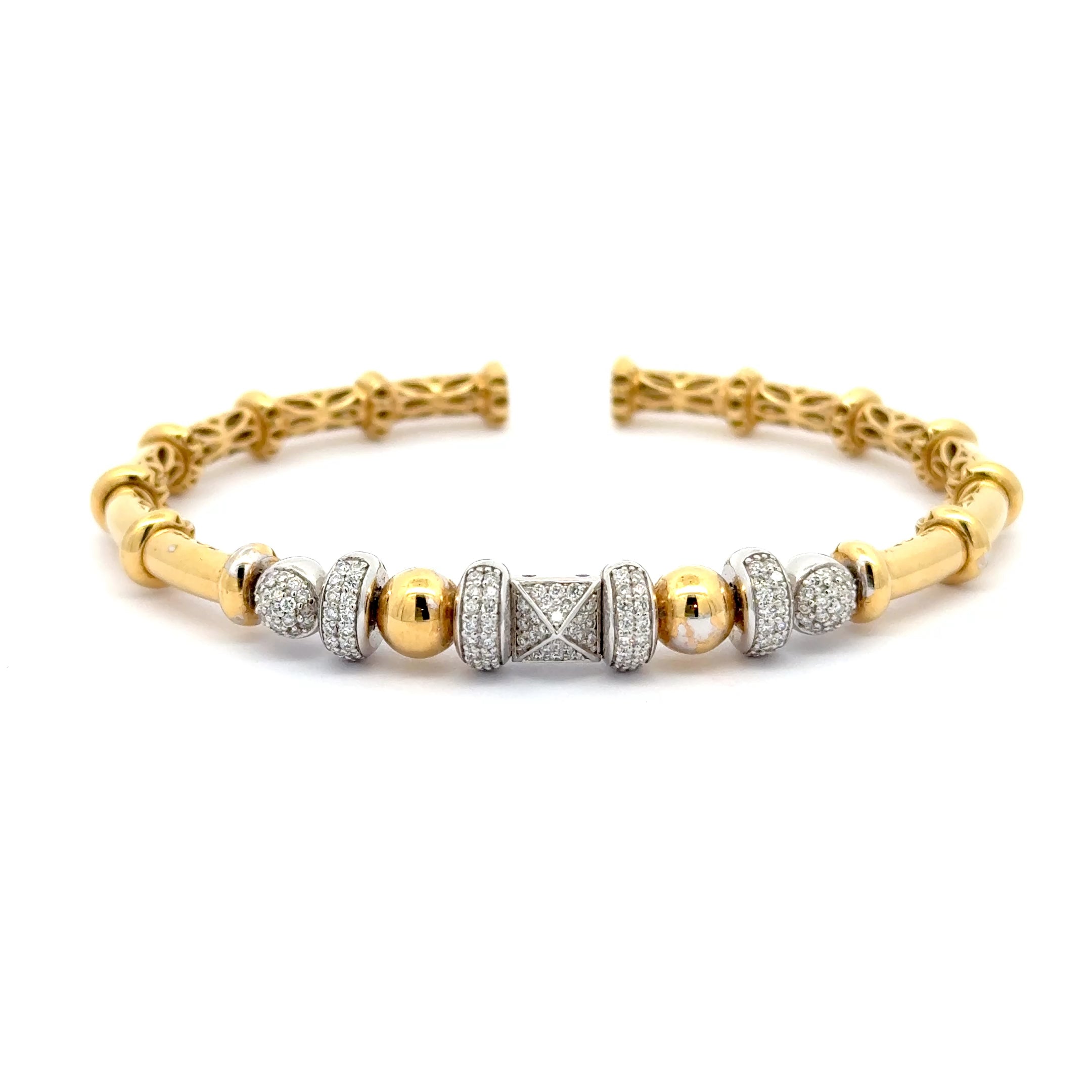 Yellow Gold Bangle with Round Bead Cut Diamonds