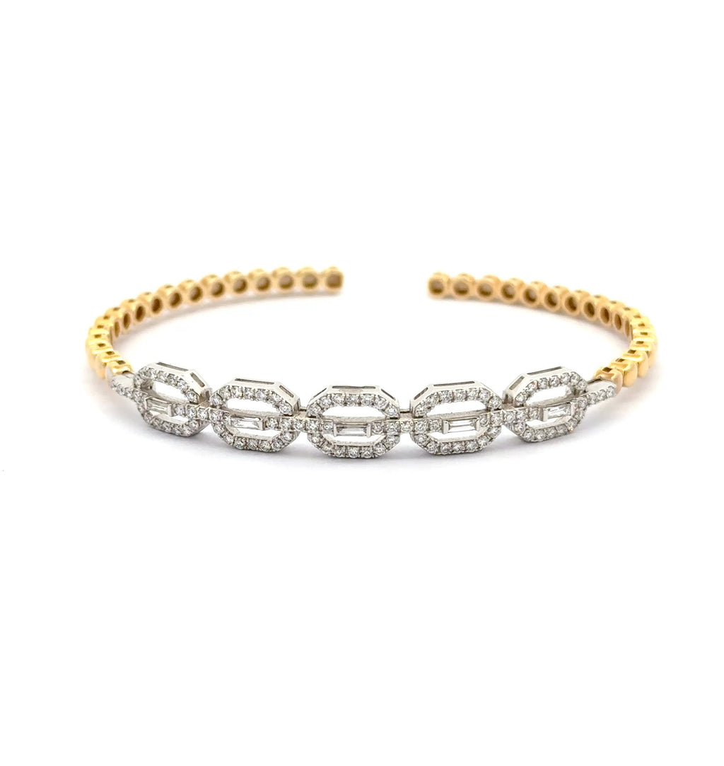 Yellow Gold Bangle with Baguette Diamond Geometric Accents