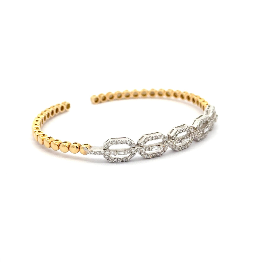 Yellow Gold Bangle with Baguette Diamond Geometric Accents