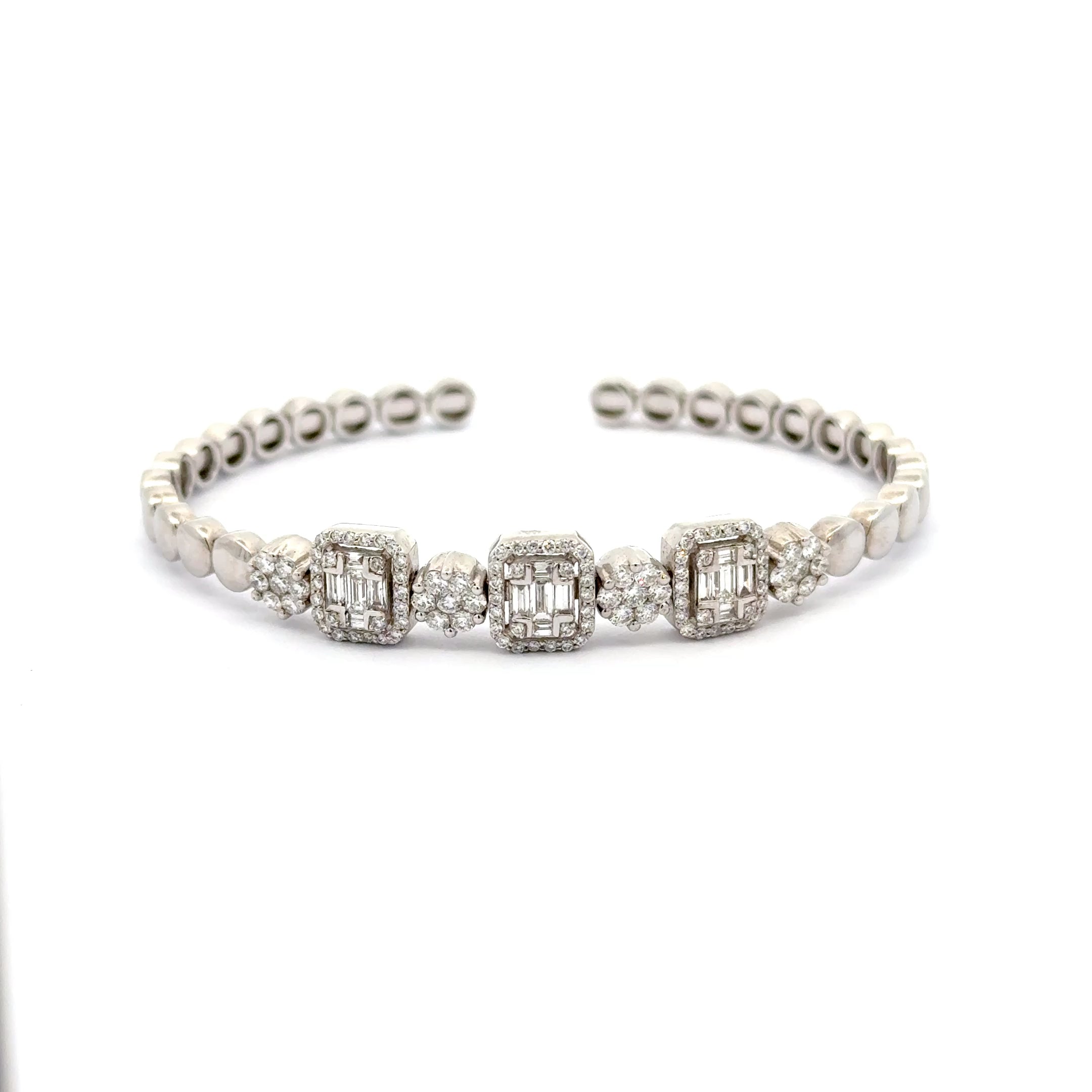White Gold Silver Bangle Bracelet with Square Cut Diamond Clusters