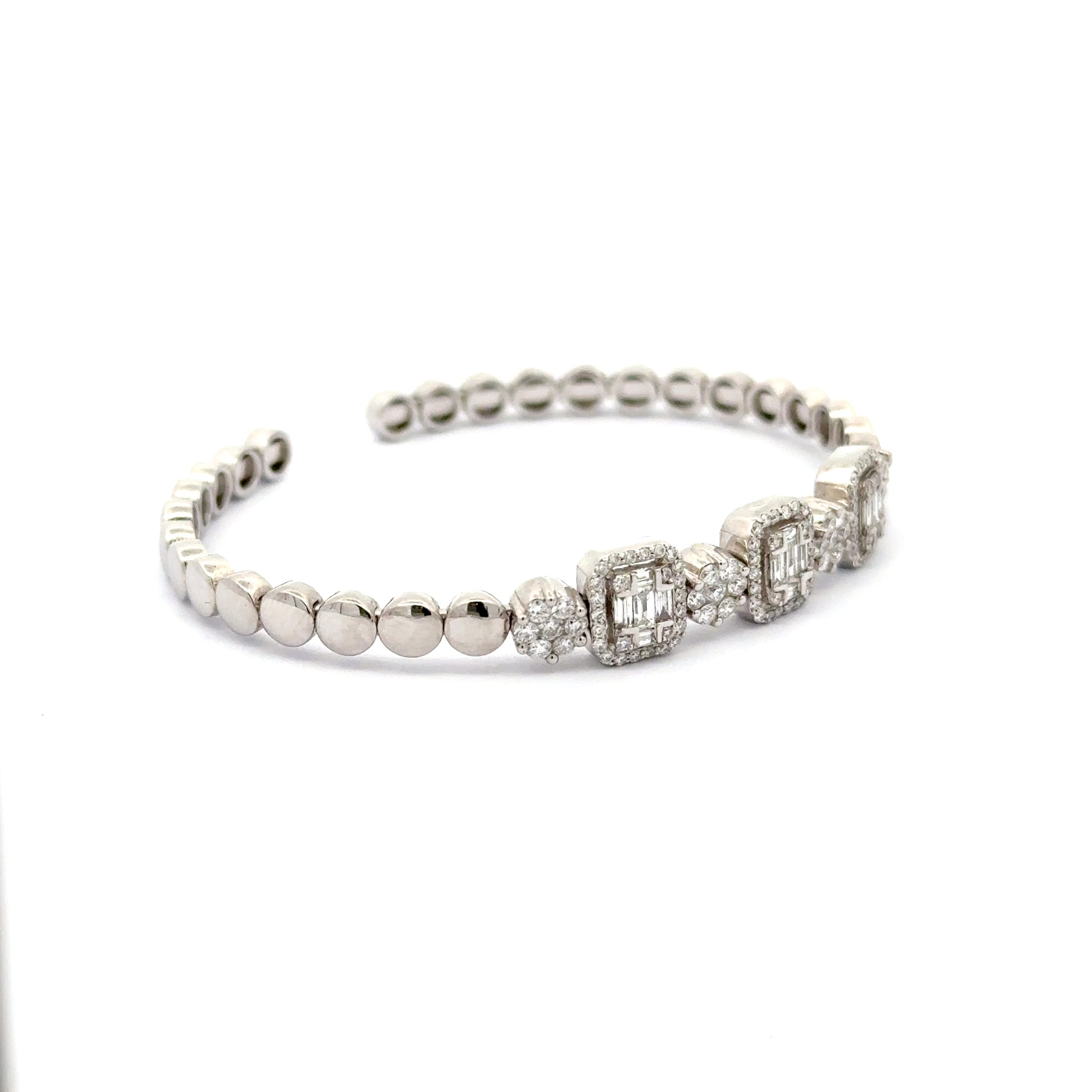 White Gold Silver Bangle Bracelet with Square Cut Diamond Clusters