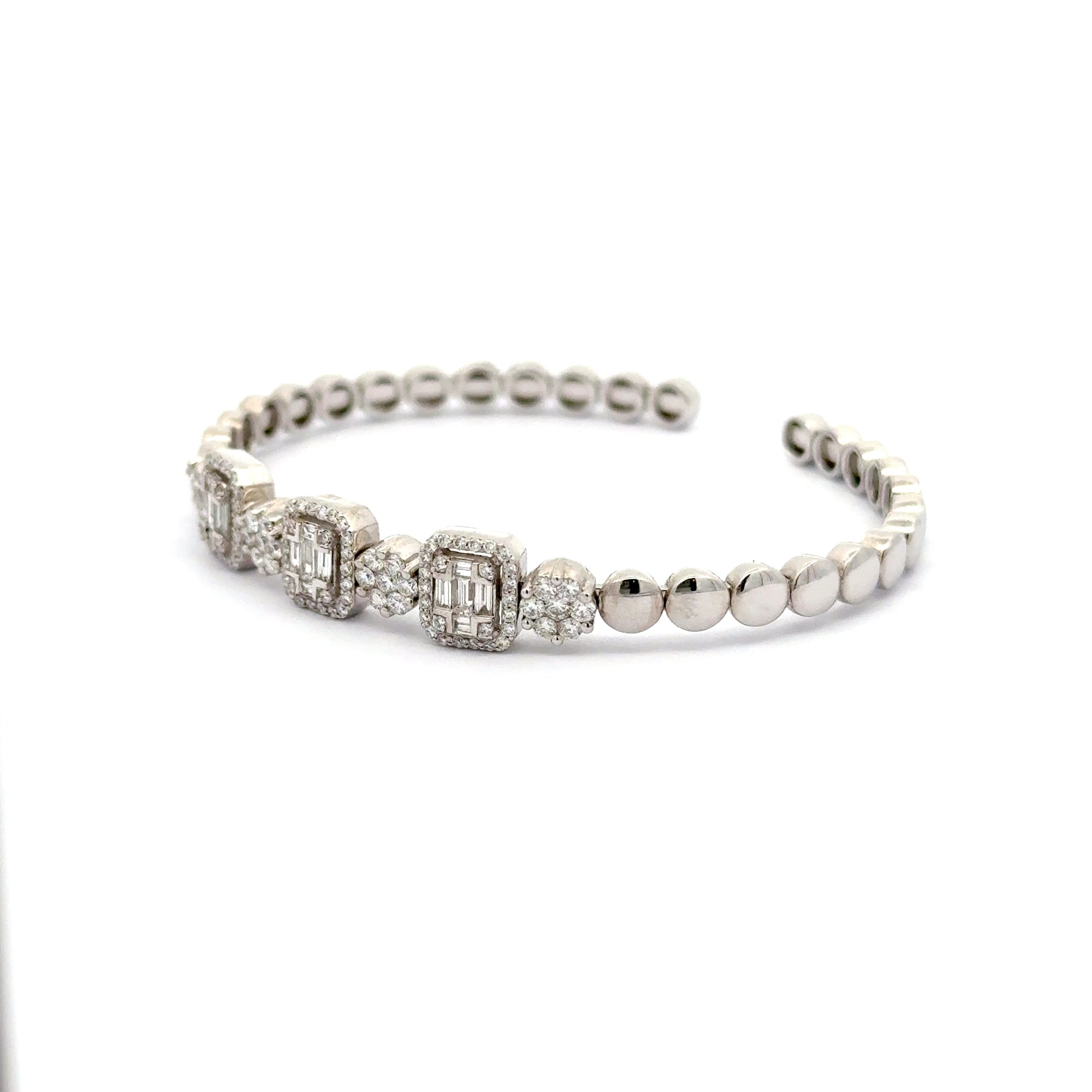 White Gold Silver Bangle Bracelet with Square Cut Diamond Clusters