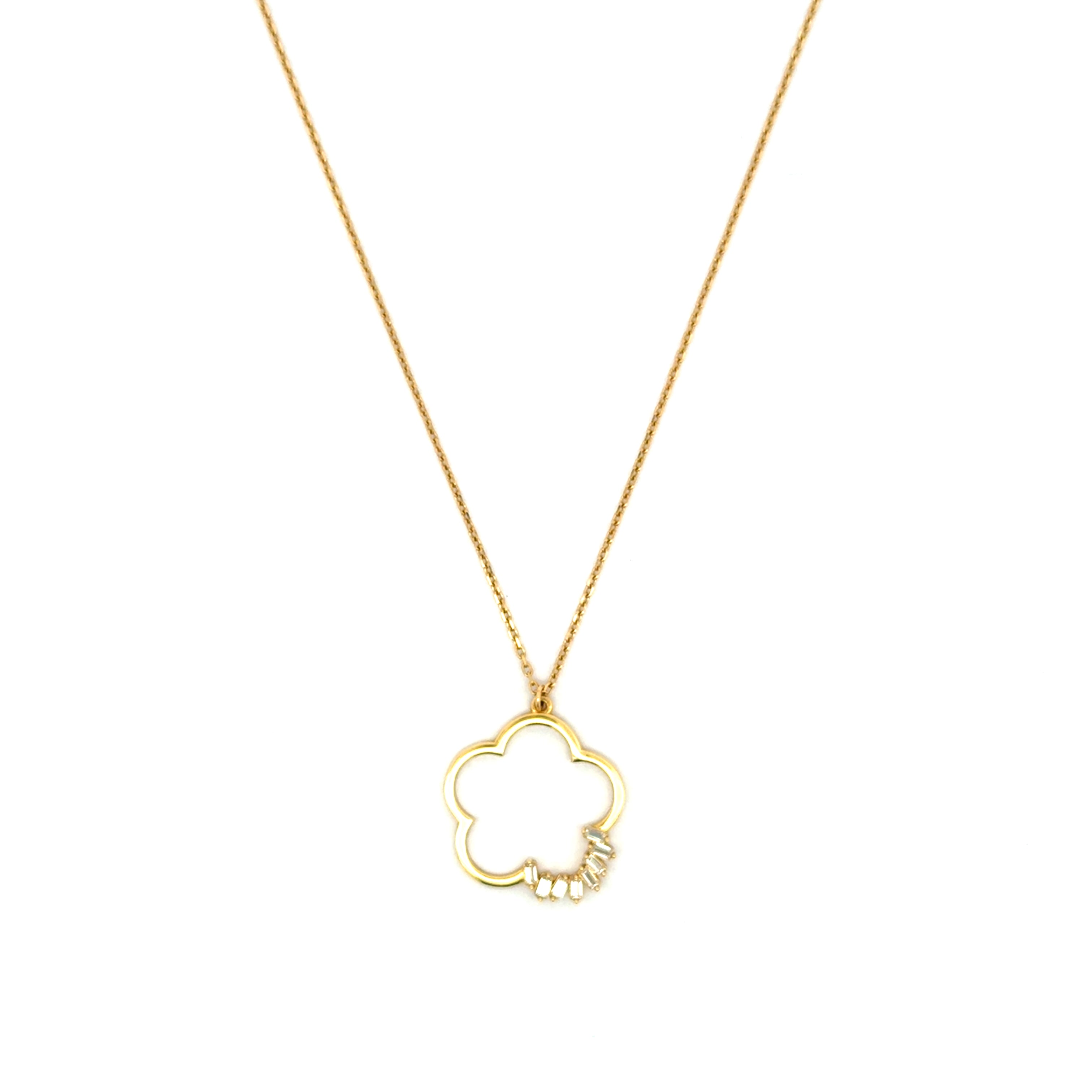 Yellow Gold Flower Charm Necklace with oBaguette
