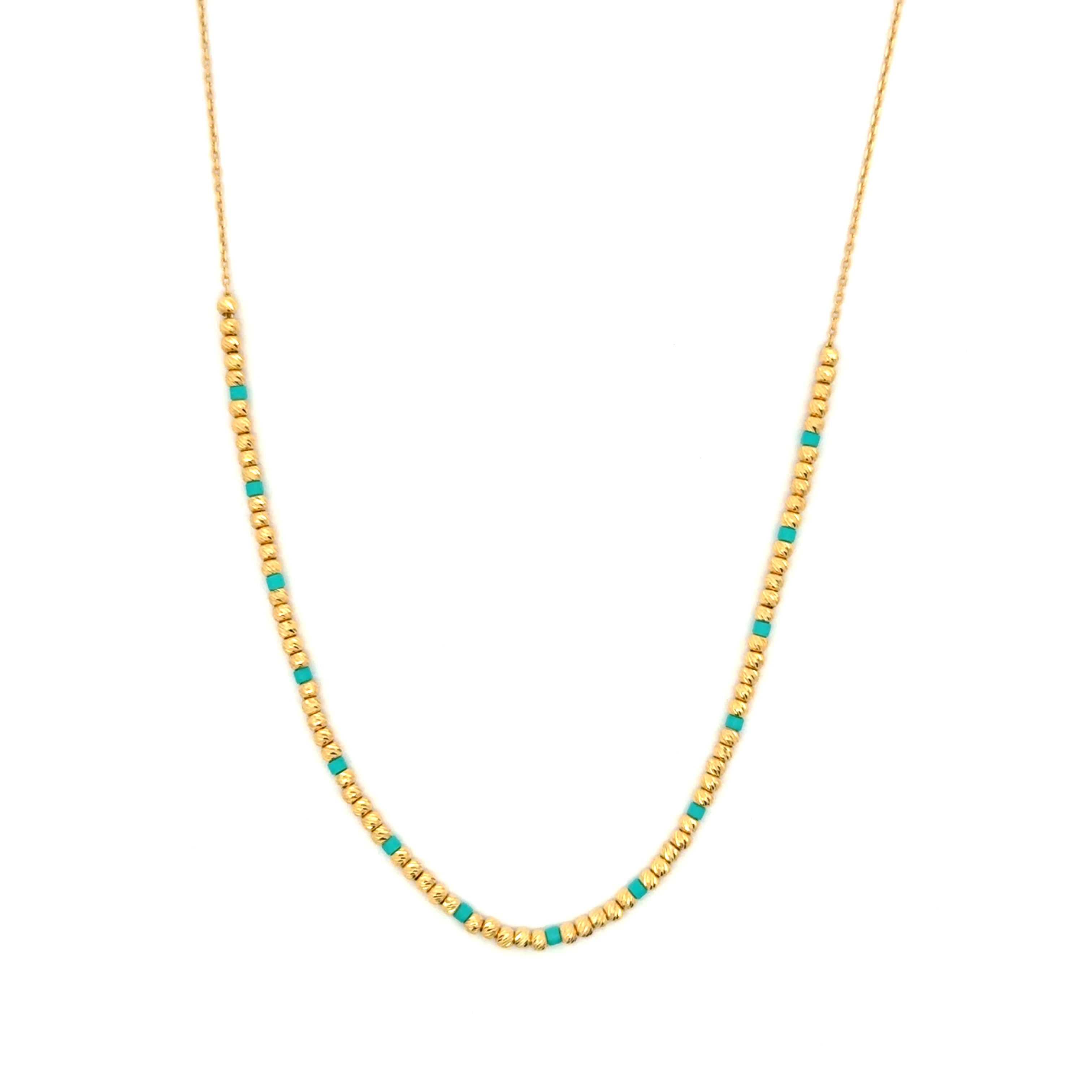 Yellow Gold Beaded Necklace with Turquoise Accents