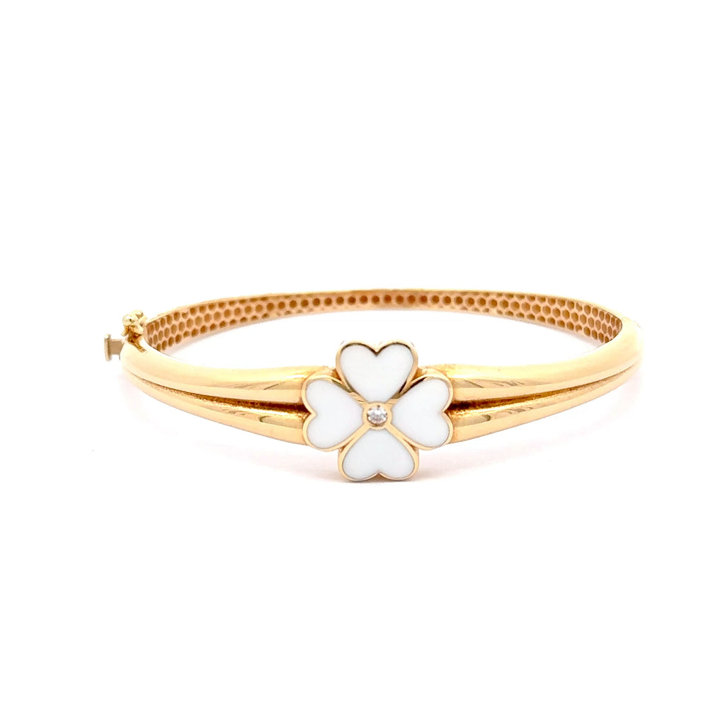 Yellow Gold Bangle with Diamond and White Enamel Clover