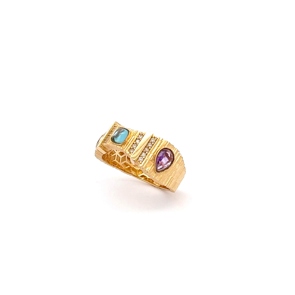 Textured Yellow Gold Ring with Blue Topaz and Accent Gems